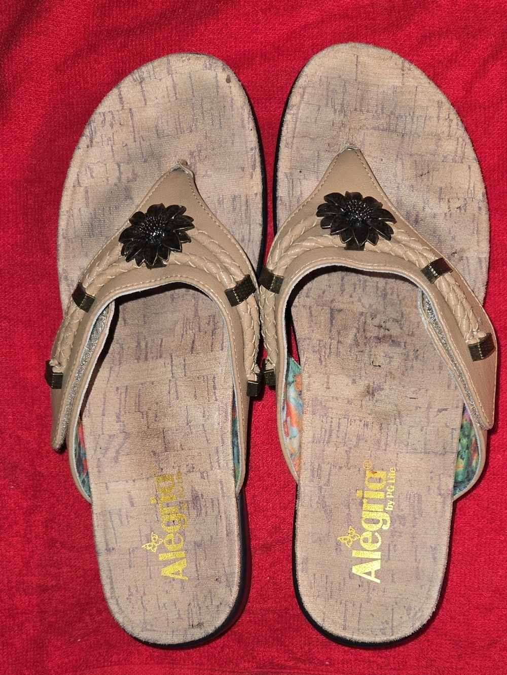 Alegria Beige Tan Sandal with Black Floral Accent